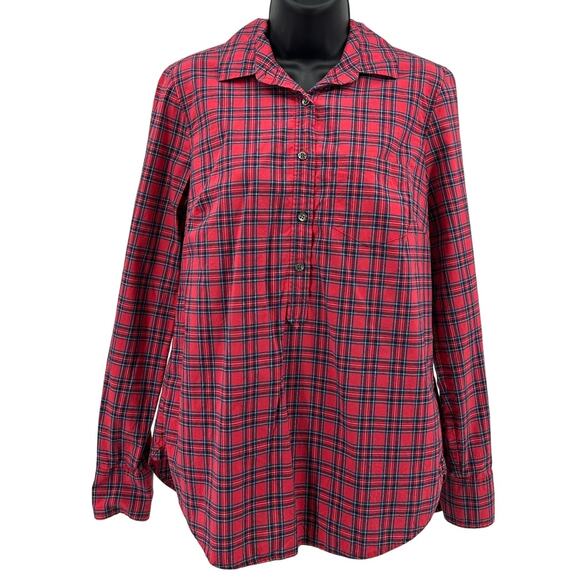 J.Crew Popover Shirt WMNS 4 Red Tartan Plaid Flannel Long Sleeve Cotton Collared - Picture 1 of 8